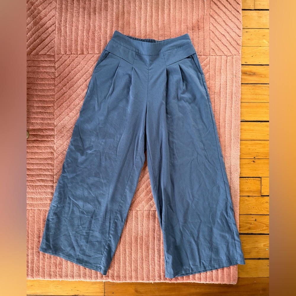 Linen/cotton Wide-Leg pullon Pants flat front pockets washed Blue medium